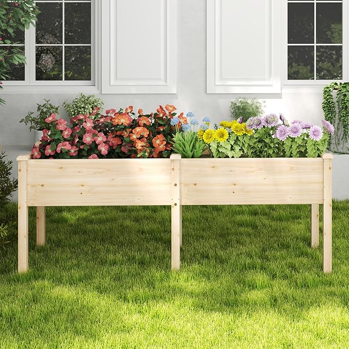 HAPPYGRILL Raised Garden Bed Outdoor Planter Raised Bed w/Drainage Holes Divider Panel 6 Supporting Legs Elevated Wood Planter Box for Backyard Patio Balcony 73” x 23” x 30” (Natural)