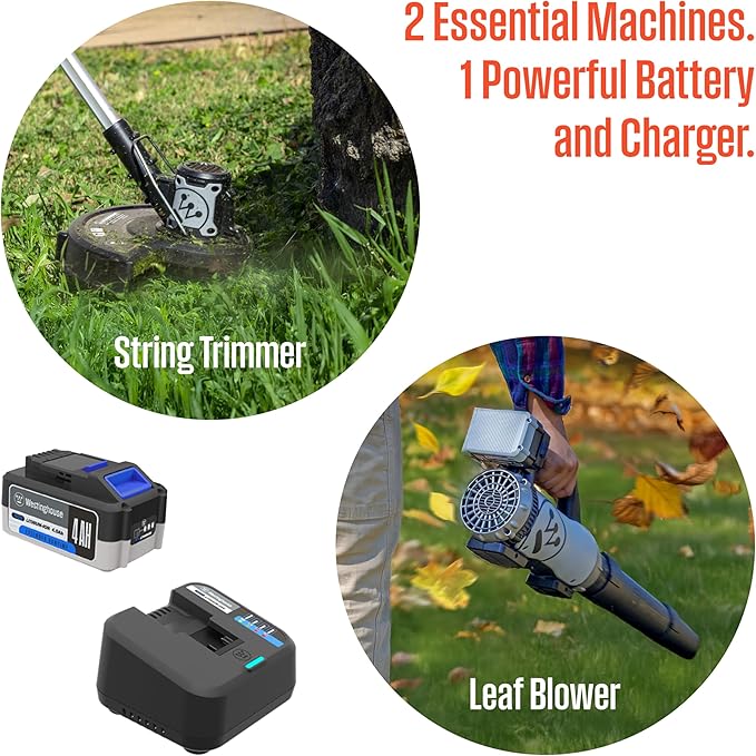 Westinghouse 20V Cordless Leaf Blower 350 CFM 110 MPH + 2-in-1 Cordless String Trimmer and Edger 12 Inch Cutting Path with 4.0Ah Battery and Charger