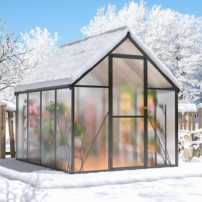 6×7.5 FT Outdoor Polycarbonate Greenhouse Quick Setup Heavy Duty Greenhouse for Outside with Roof Vent Large Walk in Green Houses with Lock for Garden Backyard Black