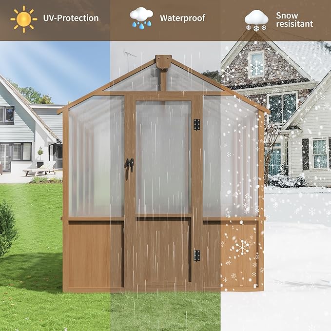 6x8 FT Wooden Greenhouse with Cedar Frame Walk-in Heavy Duty Green House for Outdoors with 6MM Thick Polycarbonate Panel and Adjustable Roof Vents Garden Backyard Patio Lawn Wood Colour