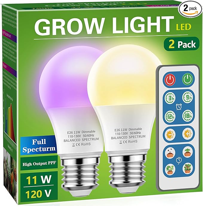 Briignite Grow Light Bulbs 4 Full Spectrum Growth Modes 3/9/12/18H Timing A19 Dimmable Plant Light Bulb E26 Base 11W Grow Bulb 100W Equivalent Grow Light for Indoor Plants Seed Starting 2Pack