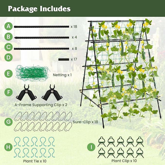 Giantex Cucumber Trellis Trellis for Climbing Plants Outdoor Garden Trellis w/Netting PE-Coated Metal Clips Plant Support for Flower Vine Grape Vegetable Fruit 41x51x59
