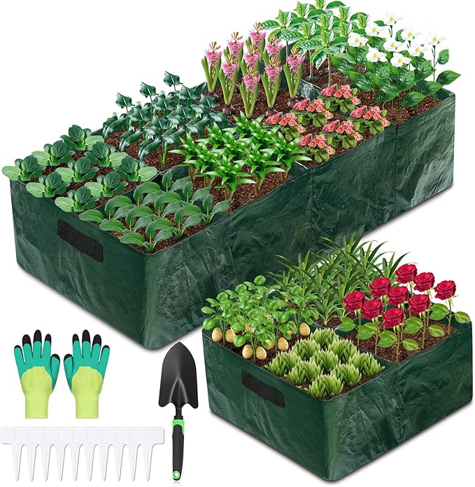 Fabric Raised Garden Bed 2 Pack 8 Grids and 4 Grids 128 Gallon Rectangle Grow Bags with Drainage Holes Breathable PE Planting Containers for Outdoor Vegetables Fruits Flowers