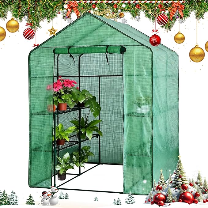 Walk-in Greenhouse 56 x 56 x 77 Inch Outdoor Plant Green House with 3 Tiers 8 Shelves Heavy Duty Steel Frame &amp Thicken PE Cover Portable Greenhouses for Balcony Patio Deck Gardening Green