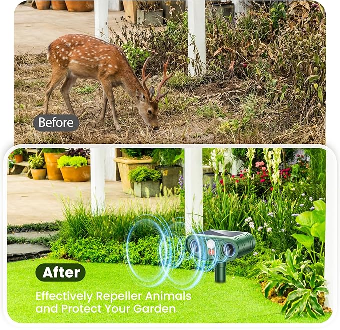 2026 Upgraded Ultrasonic Solar Animal Repellent Outdoor Deer Repellent Devices Squirrel Cat Raccoon Rabbit Dog Deterrent with Motion Sensor for Yard Garden Lawn