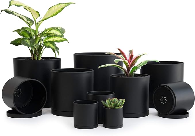 D'vine Dev 10 Pack Plastic Plant Pots for Plants 6.5/6/5.5/5/4.5/4/3.5/3/2.5/2 Inch Indoor Planters Cylindrical Succulent Pot with Drainage Hole and Saucer Black 74-S-B