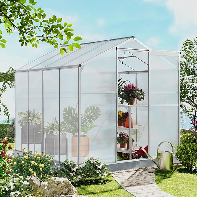 6x8 FT Greenhouses for Outdoors Heavy Duty Outside Walk in Green House for Garden Plants UV Protection Adjustable Roof Vent Thermostatic Waterproof and Insect Resistant Silver