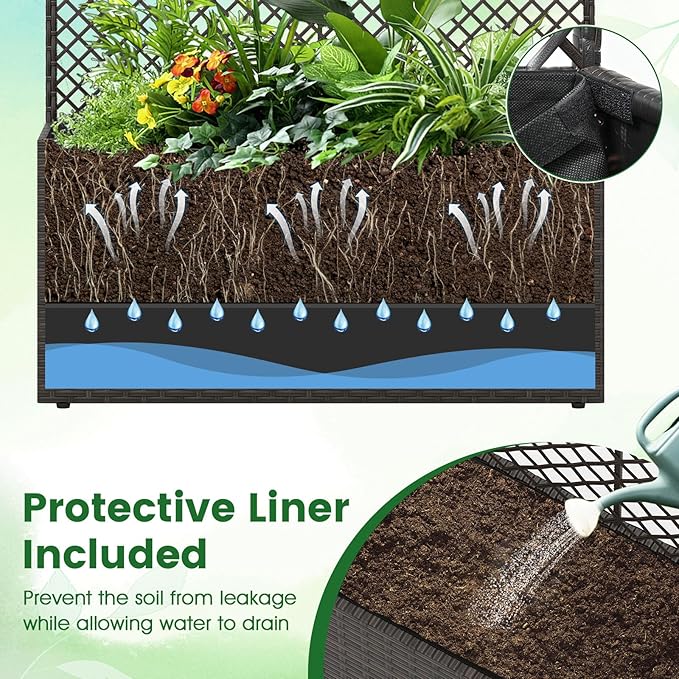 BECOMFORT 58”H Raised Garden Bed with Trellis Tall Wicker Planter Box with Privacy Screen Liner &amp Drainage for Balcony Yard PE Rattan Outdoor Flower Box for Climbing Plants Vegetables &amp Fl