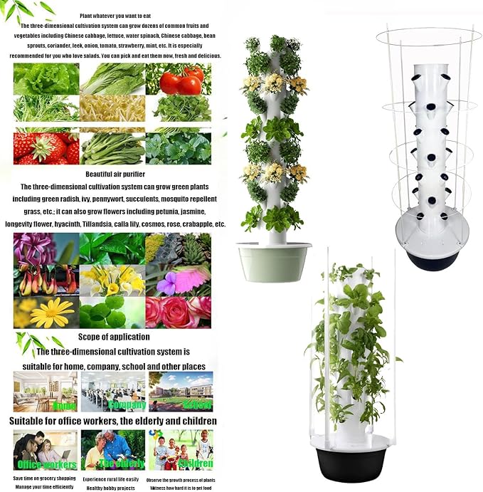 Auto Water Circulate Hydroponics TowerSoilless Cultivation Vertical Tower Farming Garden PlanterHydroponics Growing Towerwith Water Circulation and Automatic Timer green-9layers+plantlight