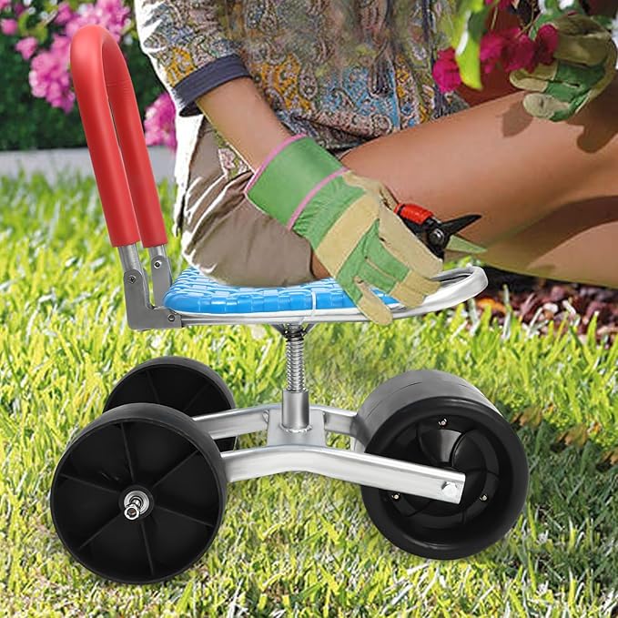 Garden cart rolling garden work seat with wheels gardening stool for planting 360-degree swivel seat garden scooter with steering handle and tool tray garden chair for outdoors patio and yard