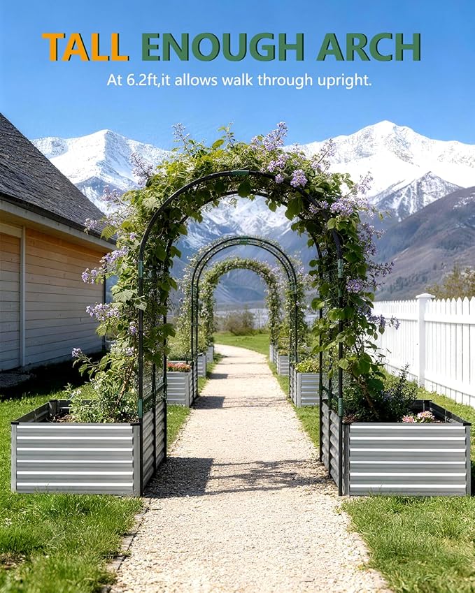 FOOWIN Raised Garden Bed with Arch Trellis for Climbing PlantsGalvanized Raised Garden BedPlanter Boxes Outdoor for Vegetables Flowers Herb478 Gallon Capacity Silver