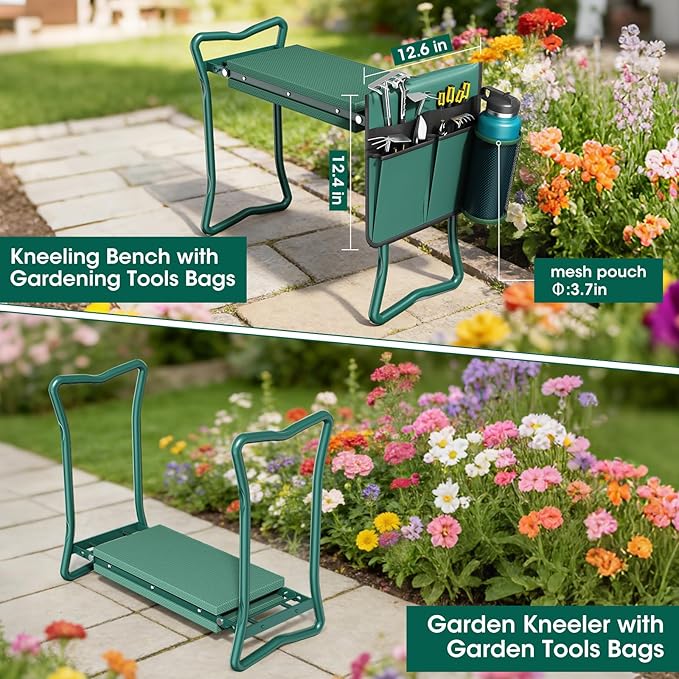 2-in-1 Garden Kneeler with Umbrella Garden Kneeling Bench &amp Green Umbrella Portable Garden Stool Loads Capacity 330lb and Garden Tools Bag with bottle holder Gardening Gifts for WomenMenSenio