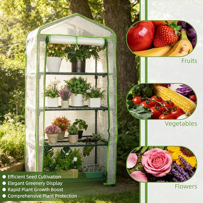 Mini Greenhouse for Indoor Outdoor Small Plants Green House with 4 Tier Shelves Portable Plastic Greenhouses with Durable PE Cover for Garden Backyard Patio Balcony Porch (White)