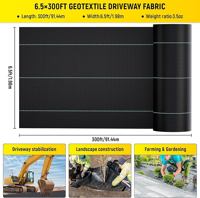 Doniks 6.5x300ft Driveway Fabric3.5OZ Commercial Heavy Duty Weed Barrier Fabric Garden Landscape FabricFrench Drain Fabric for Erosion ControlLandscape FabricWeed BarrierConstruction Projects