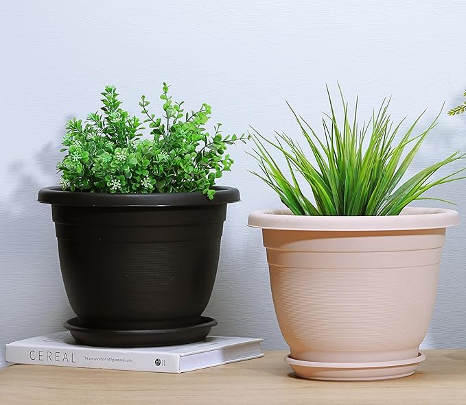5 Packs 14 inch Flower Pots + Saucer Planters for Indoor &amp Outdoor Plants with Drainage Holes | Plastic Flower Pots Large Planter (Black 14 inch)