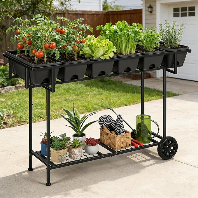 Vrisa Elevated Garden Bed with Shelf 43x17x29 in Outdoor Raised Planter Box with Legs and Wheels Vegetables Herbs Flowers Garden Box with Drain Outlet for Backyard Patio Balcony Grey