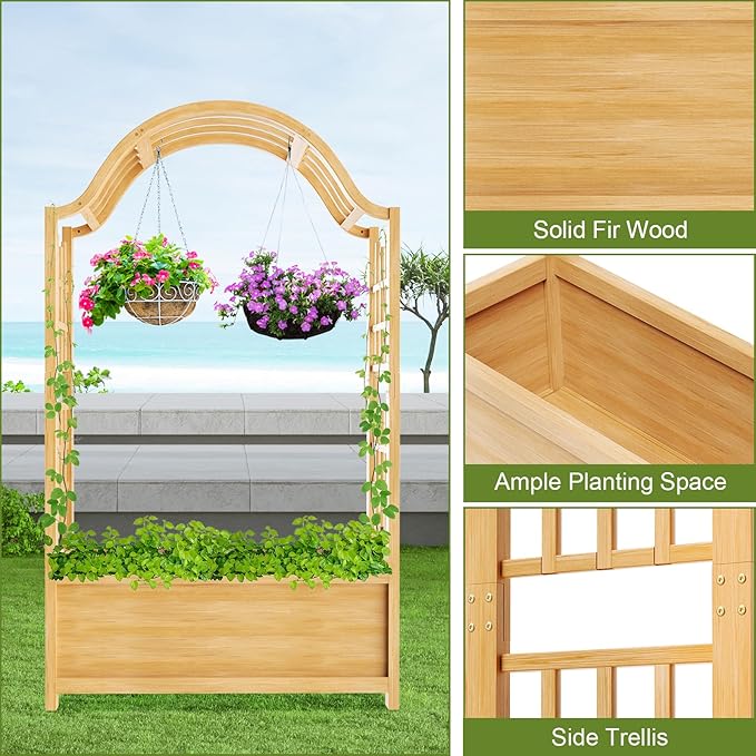 Raised Garden Bed with Trellis Freestanding Wood Planter Box w/Hanging Roof &amp Drainage Holes for Vine Climbing Plants Flowers Outdoor Planter with Trellis for Patio Balcony