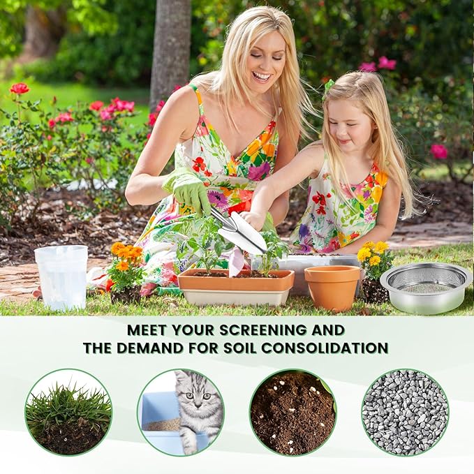 Soil Sieve Set with 5 Interchangeable Filter Mesh Sizes 1/3/6/9/12mm Stainless Steel Soil Sifter Rustproof Garden Sieve Detachable Garden Soil Sifter