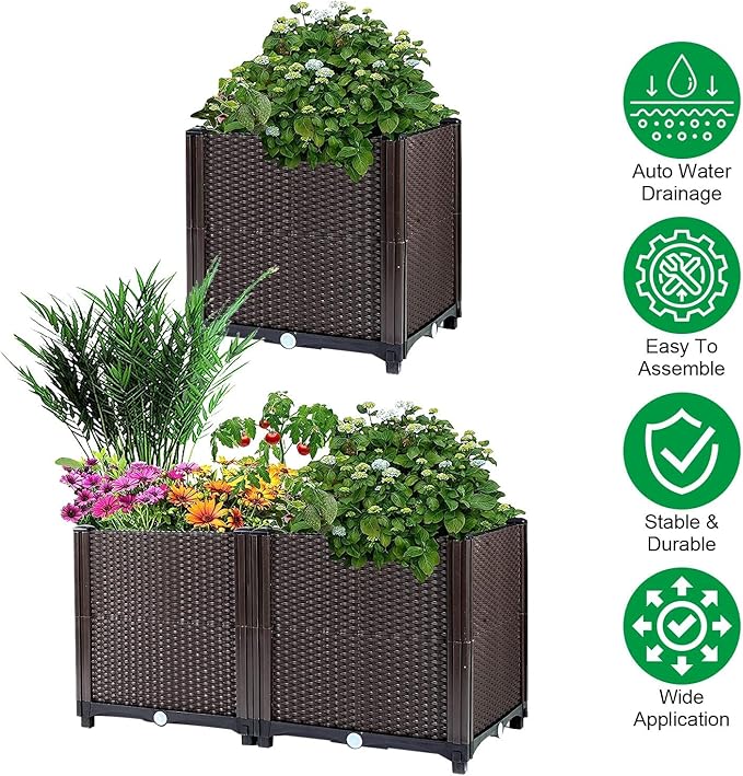 Raised Garden Bed 12x12x14 Rattan Pattern Garden Bed Plastic Planter Garden Boxes Outdoor with Self-Watering System for Flowers Vegetables Herbs for Garden Patio Balcony