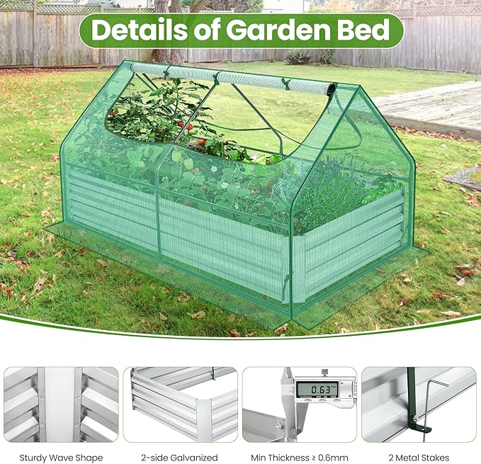 Suyncll 6x3x1FT Galvanized Raised Garden Bed with Cover Metal Planter Box Kit w/ 2 Roll-Up Large Zipper Windows Mini Greenhouse for Outdoor Growing Vegetables with 1 Pair of Gloves