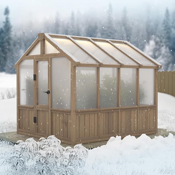 Mupater 6 x 8 FT Wooden Polycarbonate Greenhouse with Ventilated Window and Lockable Door Walk-in Greenhouse for Backyard Patio Lawn Brown