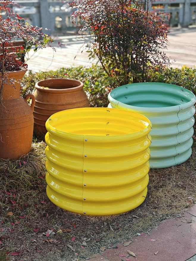 A ANLEOLIFE Kids Mini Raised Garden Beds Outdoor (4-Pack)-24x24x18in Round Galvanized Metal Planter Box for Planting Vegetables Flowers Fruits Eco-Safe &amp Easy Setup Sunlit Gold