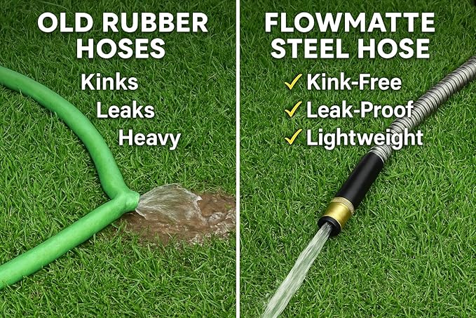 100ft Silver Stainless Steel Garden Hose – Heavy-Duty Metal Hose with Brass Fittings &amp Nozzle Kink-Free Leak-Proof Weather-Resistant