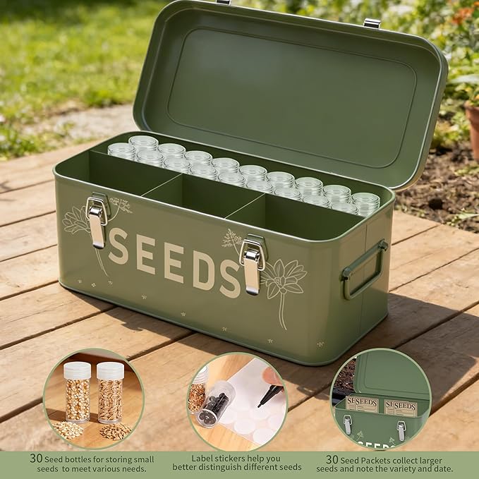 Orionstar Metal Seed Storage Organizer Kit with 30 Bottles &amp Envelopes 4 Compartment Locking Box for Gardening Heirloom Flower Vegetable Preservation Vintage Dark Green Gardener Gift