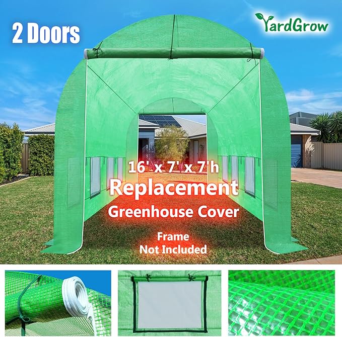 YardGrow 2-Doors Replacement Greenhouse Cover for Larger Walk in Outdoor Yard Plant Gardening Hot House Cover ONLY (12'x7'x7' Green)
