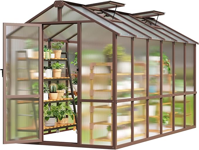 6x12 FT Wooden Greenhouse with Cedar Frame Walk-in Heavy Duty Green House for Outdoors with 6MM Thick Polycarbonate Panel and Adjustable Roof Vents Garden Backyard Patio Lawn Brown