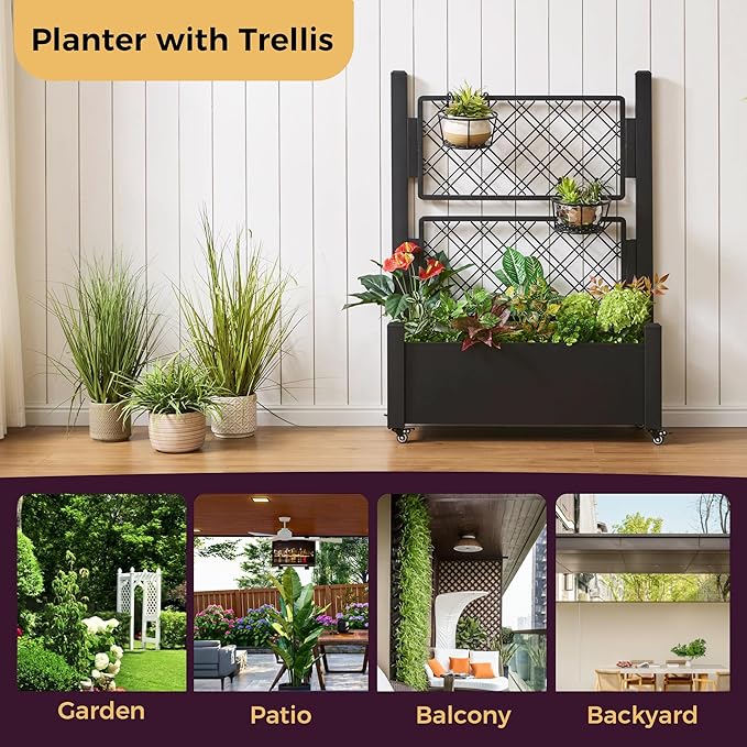 Metal Raised Garden Bed with Trellis 50Hx38Wx14D Inch Compact Planter Box for Climbing Plants Patio Balcony Garden Privacy Screen with Wheels and Drainage Holes Black