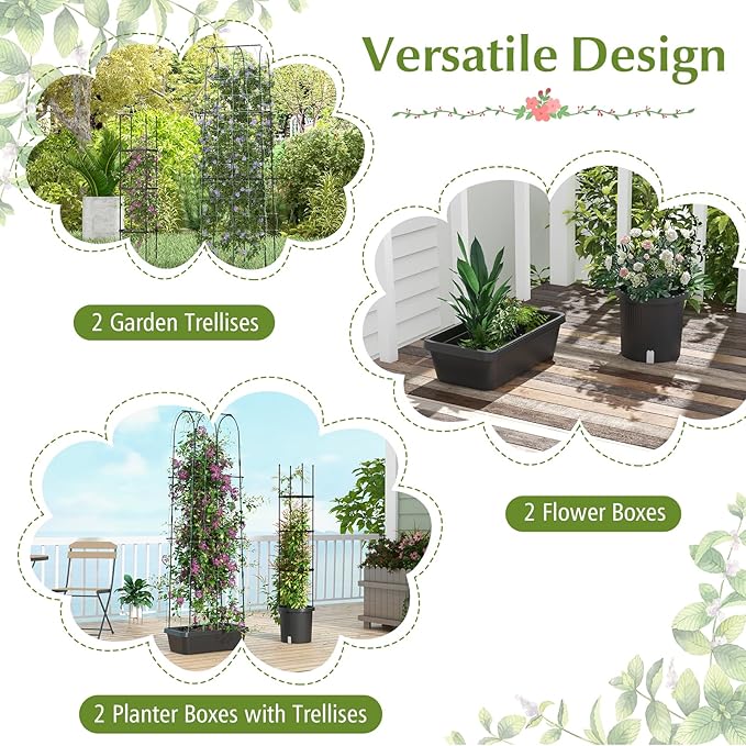 Happygrill 2 Pack Tomato Cage Metal Garden Trellis w/Adjustable Height &amp Self-Watering System for Vines Potted Plants Vegetables Tall Plant Support Tomato Trellis w/Planter Box