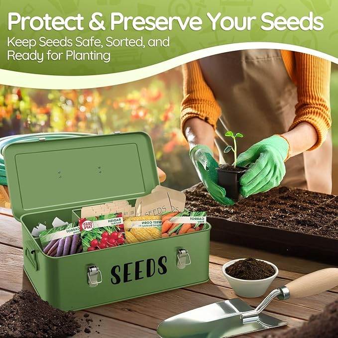 Flexzion Seed Saving Box - Metal Seed Storage Organizer Box with Lid 4 Spacious Compartments Storage Bin for Garden Tools &amp More with Safety Locks Green