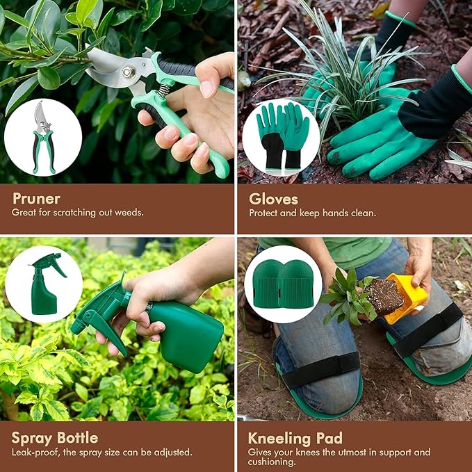 YAUNGEL Gardening Tools Set of 10 Heavy Duty Gardening Hand Tools Stainless Steel Garden Tools with Wooden Handle Storage Garden Bag Gardening Gifts for Women and Men