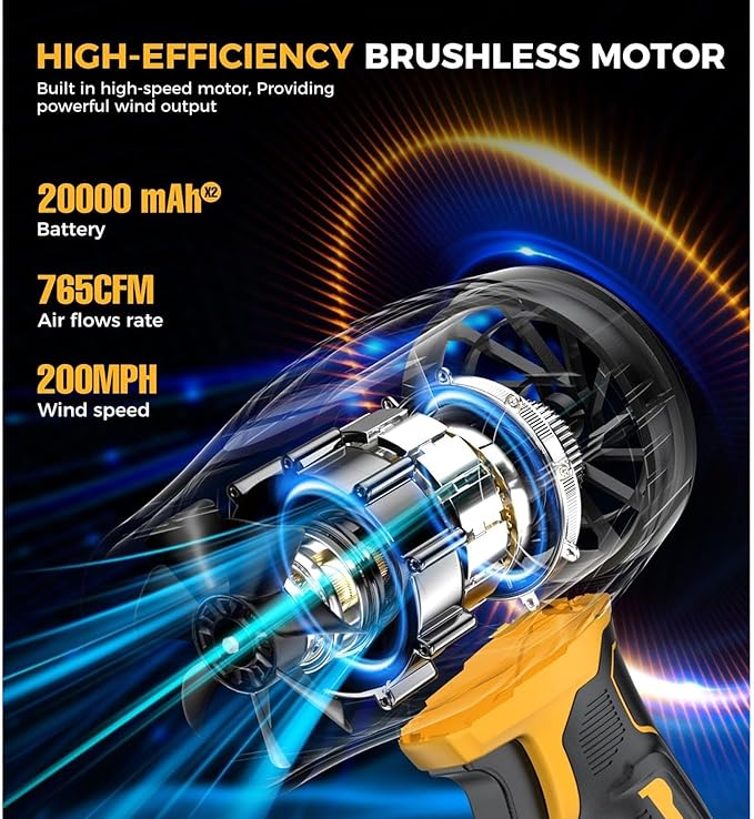 Leaf Blower Cordless Handheld 800000 RPM Rechargeable with Extended Nozzle and 2 Batteries Lightweight Electric for Car Drying and Patio (US Plug)