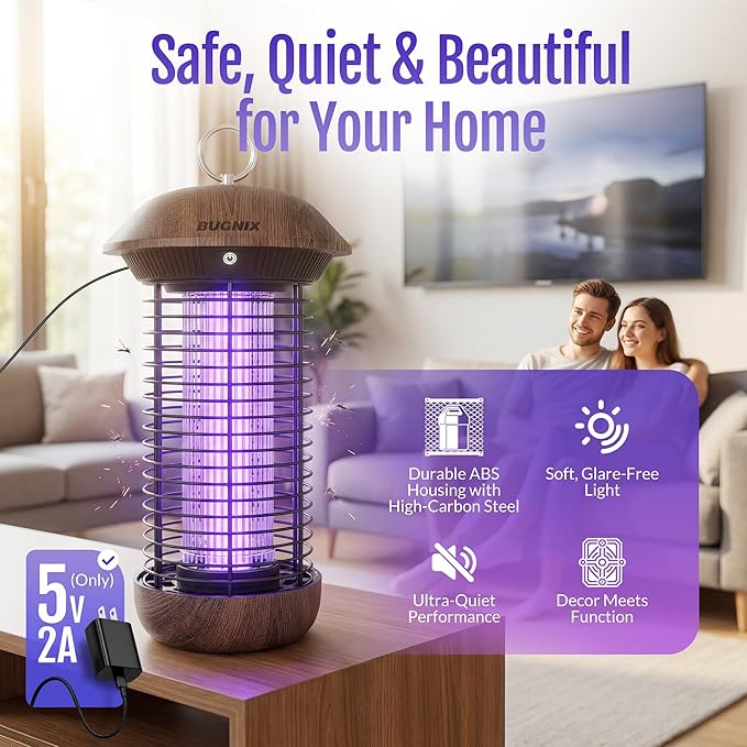 Bug Zapper Indoor Outdoor Electric Mosquito Zapper 4200V USB Powered Plug-in Works with Adapter or Power Bank No Built-in Battery 365-395nm LED Bug Light ABS Shell for Home Patio Camping