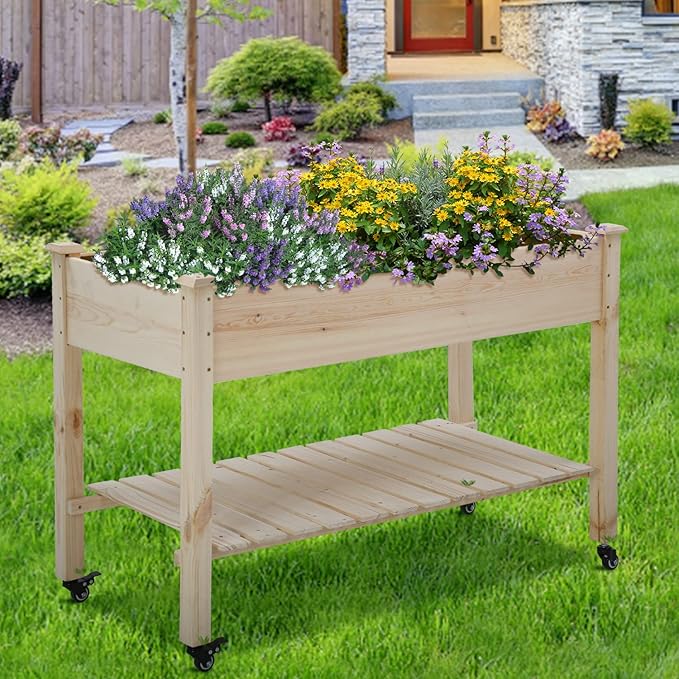 Dkelincs Raised Garden Bed Wood Elevated Outdoor Planter Box with Legs &amp Wheels Large 48x23x32 Inch Vegetable Flower Herb Garden Planter