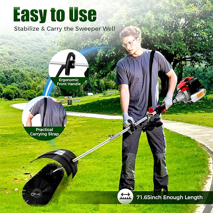 Gas Power Snow Sweeper Broom 2-Stroke 2.3hp 52cc Driveway Turf Lawns Artificial Grass Power Brush Lawn Sweeper Cleaner Tools with Nylon Brush Power Broom for Artificial Turf