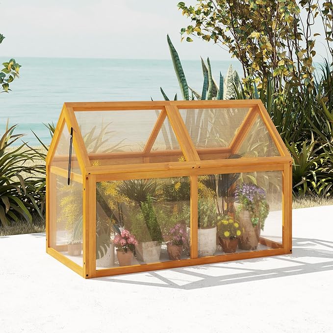 Wood Cold Frame Greenhouse Portable Raised Planter Bed Protection with Transparent Flip-top Roof Small Hot House for Balcony Garden Sunroom Indoor Outdoor (40”x21”x28”)