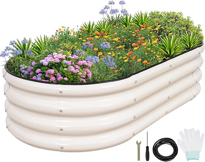 1MORE Galvanized Raised Garden Bed- Planter Garden Boxes Outdoor Raised Beds for Gardening 4x2x1ft Metal Garden Bed Kit for Vegetables Flower Planter Raised Beds with Protective Tape &amp Tools.Wh