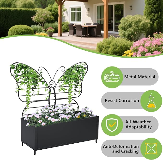 Metal Planter Box with Trellis Metal Raised Garden Bed with Drainage Holes Butterfly-Shaped Planters for Outdoor Garden Box for Climbing Plants Vegetables and Vines (Black)