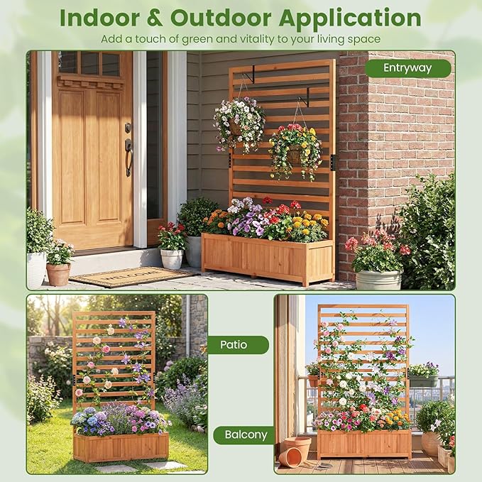 Raised Garden Bed Fir Wood Elevated Planter with Climbing Trellis &amp Fitted Liner All-in-One Planter for Patio Balcony Rooftop Sunroom Outdoor Urban Gardeners &amp Plant Lovers Orange ﻿ (1)