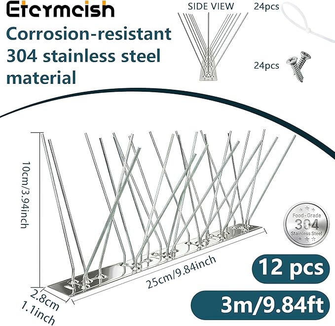 Stainless Steel Bird Spikes for PigeonsPre-AssembledAnti Bird Deterrent Spikes for Woodpeckers Squirrels RaccoonsWeatherproof Fence Spikes for Roof RailingPatio 9.84 Feet