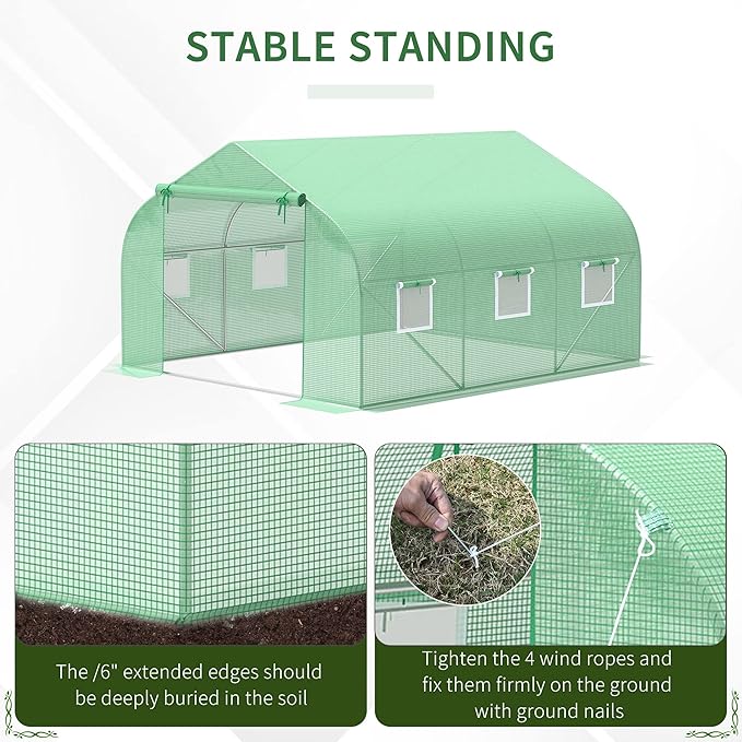 Outsunny 11.5' x 10' x 6.5' Outdoor Walk-in Greenhouse Tunnel Green House with Roll-up Windows Zippered Door PE Cover Heavy Duty Steel Frame Green