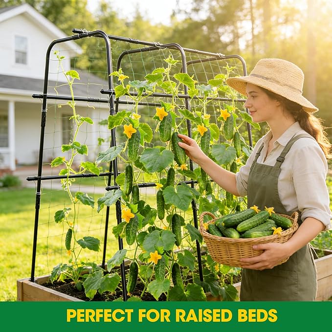 Cucumber Trellis for Raised Bed and Garden 47 H x 47 W U-Shaped Metal Garden Trellis for Climbing Plants with Nylon Netting Vegetable Support Frame