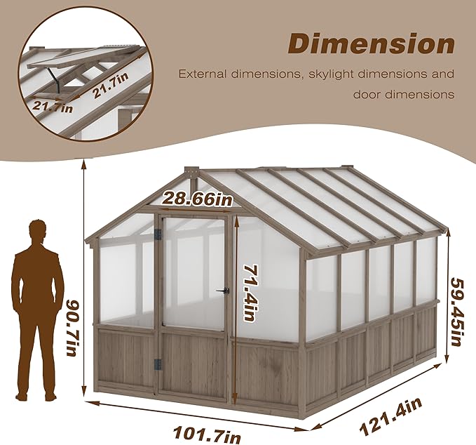 VEIKOU 8x10FT Greenhouses for Outdoors Walk-in Wooden Greenhouse with Cedar Frame &amp Adjustable Vent Garden Green House with 6MM Thick Polycarbonate Panel for Outside Backyard Light Brown Mocha