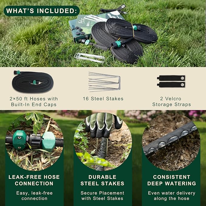 100 FT Flat Soaker Hose (2 × 50 FT) – Connectable Drip Irrigation Soaker Hose for Garden Beds Trees &amp Landscaping – Includes Stakes &amp Storage Straps