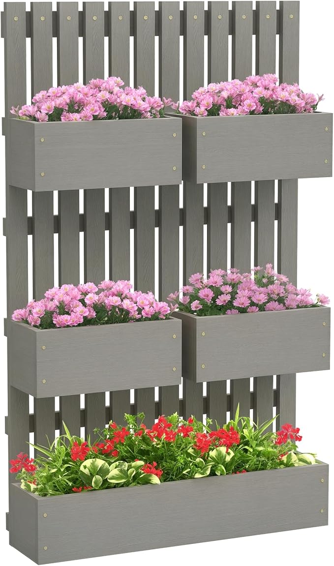 Outsunny 5 Box Raised Garden Bed with Trellis for Vine Flowers &amp Climbing Plants 39 Tall Wall-Mounted Wood Planter Box Set with Adjustable Height Drainage Hole Gray