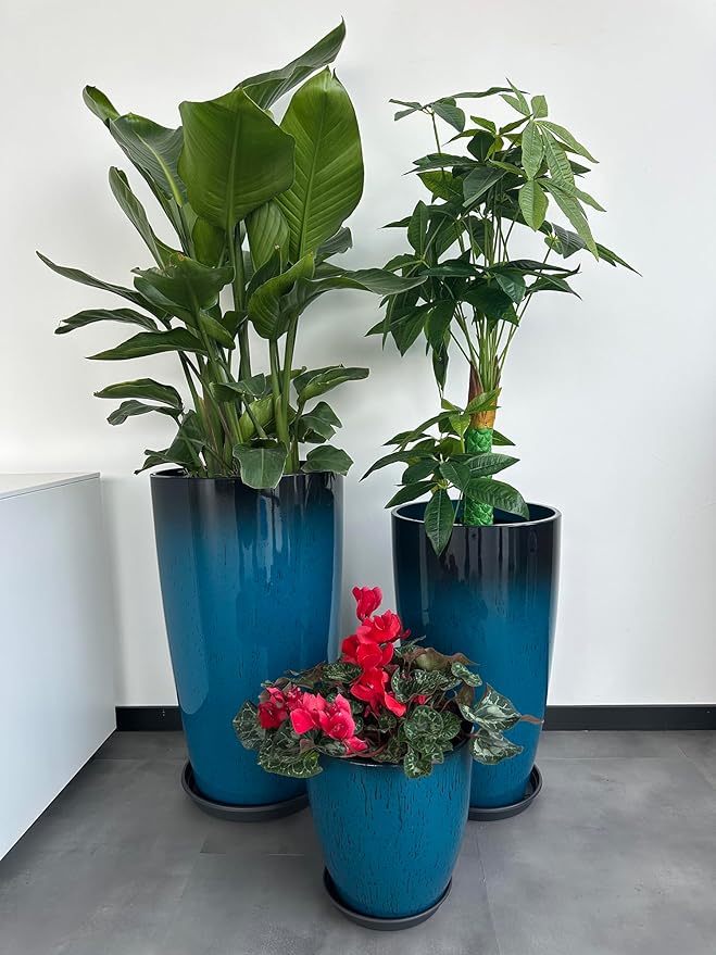 242111 Inch Large Plastic Planters with Drainage Hole and Saucer - Set of 3 Tall Plant Pots Indoor Flower Pot Tall Round Planters Outdoor Large Tall Planter