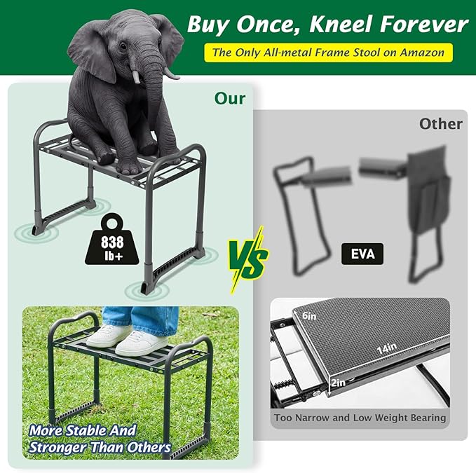 ikkle 838LB+ Capacity Garden Kneeler and Seat - Ultra Heavy Duty Stool Bench with Thick Soft Pad Gift for Gardeners